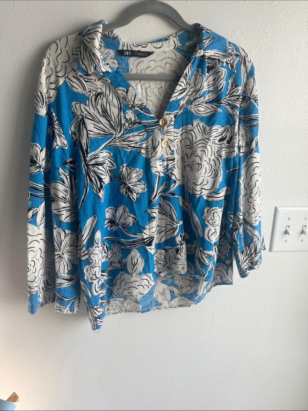 Zara Blue and White Floral Button-Up Blouse